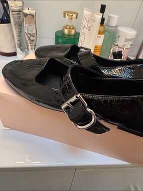 Steve Madden Black Patent Mary Jane Loafers with Silver Buckle
